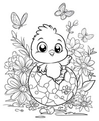 Fototapeta premium Cute chick hatching from egg surrounded by flowers and butterflies, easter coloring page. Generative ai illustrations