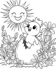 Cute chick hatching from egg with smiling sun and flowers, easter coloring page. Generative ai illustrations