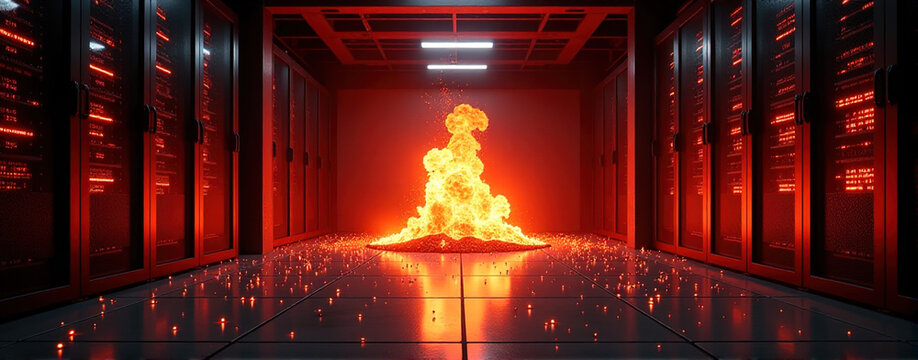 Dramatic image of a server room engulfed in flames, depicting a catastrophic technology failure.