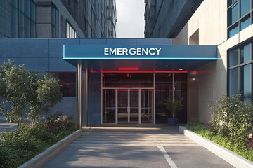 Emergency room entrance with clear signage and modern architecture at a healthcare facility