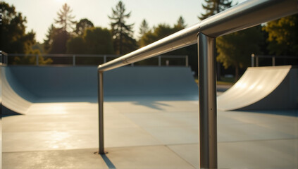 A sunny day at an outdoor skatepark. Metal rails and ramps are visible, ideal for extreme sports.