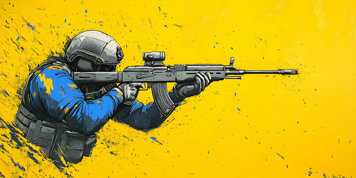 Combat Soldier Aims Rifle, Action Painting