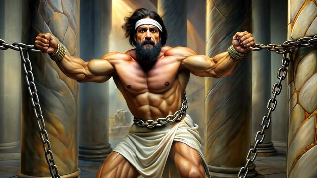 Biblical hero with superhuman strength freeing God's people from Philistines 4K