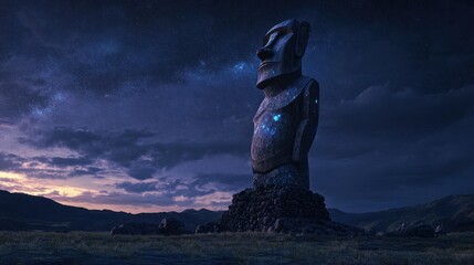 Night sky, island moai statue, scenic landscape, mystical artwork, travel