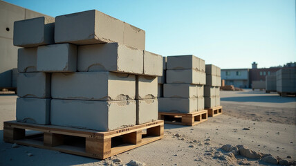 Pallets of grey concrete blocks at a construction site on a sunny day.