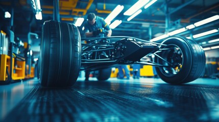 Obraz premium Close-Up of Automotive Workshop with Focus on Car Wheel and Mechanics