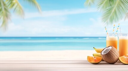Refreshing tropical drinks with fruits on a beachside table, showcasing a serene ocean view