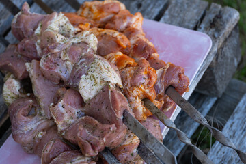 A close-up of raw, marinated meat skewers on a cutting board, ready for grilling. The meat is seasoned with herbs and spices, emphasizing texture and preparation. 