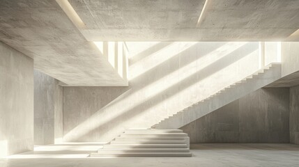 Obraz premium Modern Architectural Interior with Minimalist Concrete Stairs and Bright Light Beams
