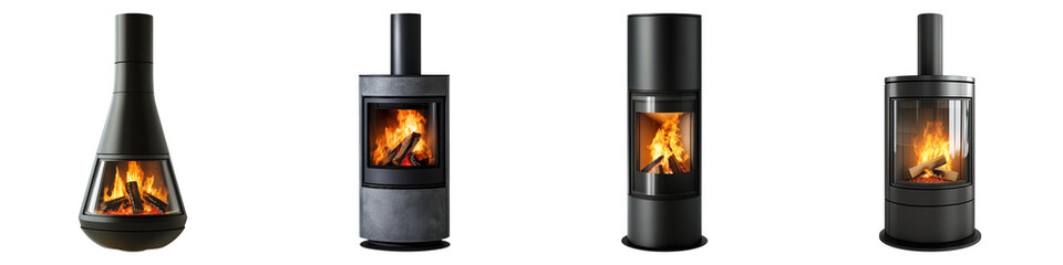 Modern fire stove radiation heat Isolated on transparent background, PNG, Set of