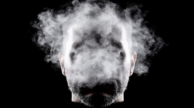 Mystical smoke envelops a man's face against a dark backdrop, creating an ethereal and intriguing atmosphere