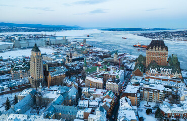 Fototapeta premium Quebec City, aerial view at blue hour