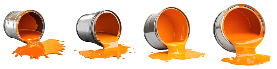 Open metal paint can with spilled orange paint Isolated on transparent background, PNG, Set of