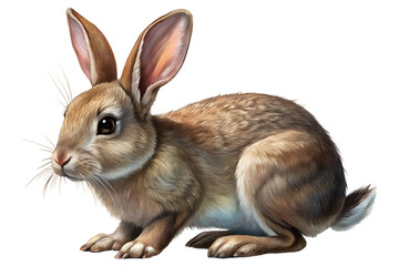 Obraz premium Realistic Brown Rabbit on Black Background - A detailed, realistic illustration of a brown rabbit in a crouching position, isolated on a white background. Common woodland animal. 