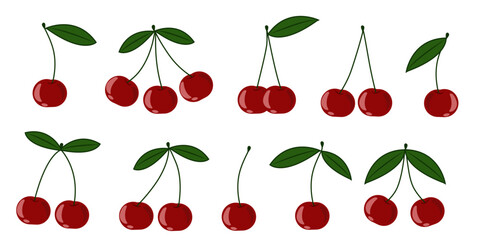 Cherry. Cartoon red cherries. Braided juicy sweet cherry. Spring seasonal natural food decor. Cute ripe berry with green leaves from different sides. Summer fruits. Garden berries