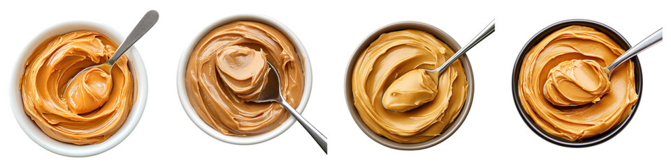 Peanut butter in a bowl with spoon Isolated on transparent background, PNG, Set of