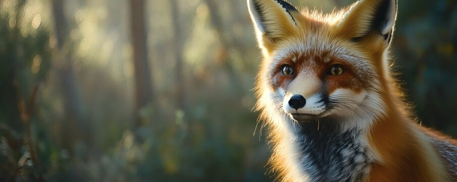 A beautiful red fox is gazing thoughtfully within the forest scene