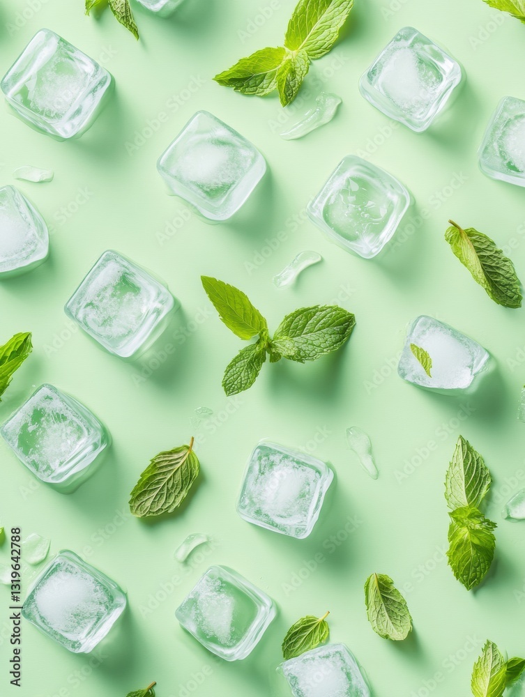 Poster refreshing arrangement of ice cubes and mint leaves on a light green surface illuminated by soft stu