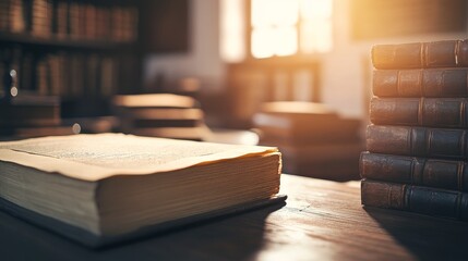 Sunlit library interior with vintage books on a wooden table and soft light streaming through windows