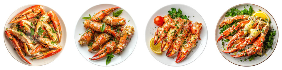 Plate of garlic butter crab legs Isolated on transparent background, PNG, Set of
