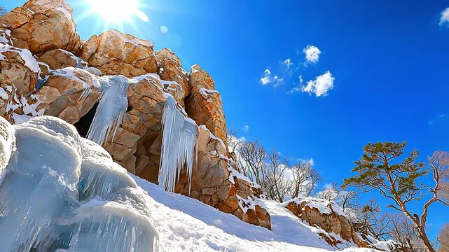 Stunning Winter Landscape with Frozen Waterfalls and Icy Cliffs Under Bright Blue Sky and Fluffy Clouds