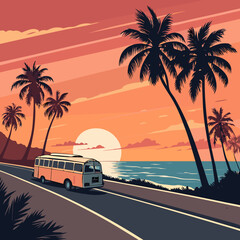 Colorful vintage bus on coastal road with palm trees and sunset background