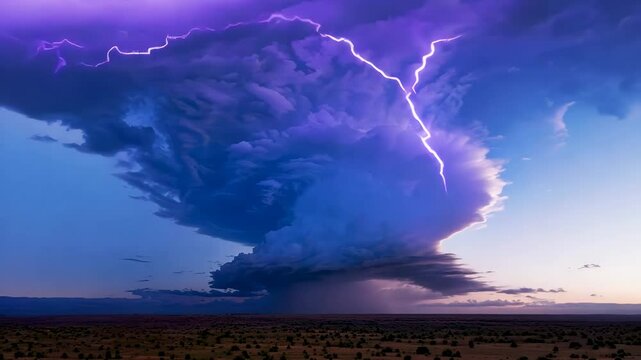 A powerful supercell storm swirls in the sky, with lightning bolts flashing through dark clouds, creating a terrifying and intense weather phenomenon