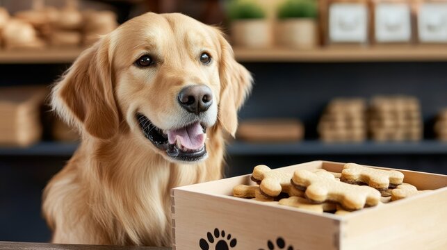 Happy golden retriever sitting near a wooden box of dog treats in a cozy pet store setting