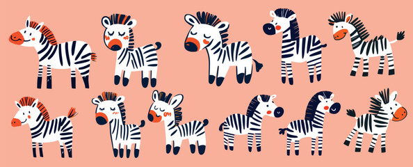 set of funny cute drawings of  zebra