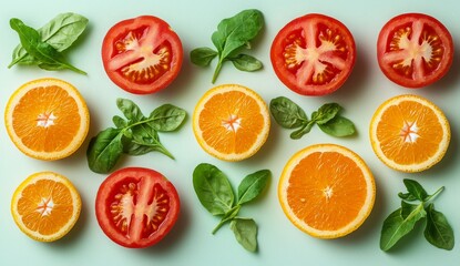 Fresh Fruits and Vegetables in a Colorful Arrangement on a Light Background