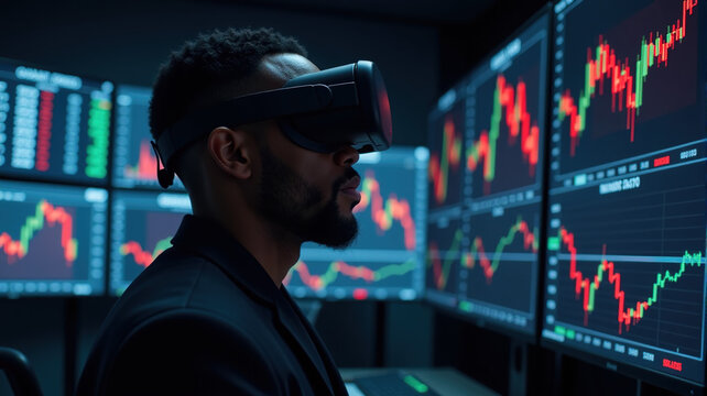 A young African American man wearing a VR headset analyzes stock market data on multiple screens.