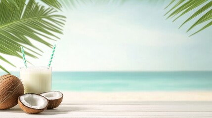 Obraz premium Refreshing coconut drink with straws on a beachside table surrounded by palm leaves