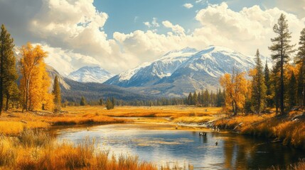 Fototapeta premium A scenic autumn hike through a mountain valley, with amber and gold foliage covering the ground and towering peaks in the background. 