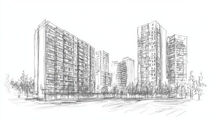 Architectural sketch of multistory buildings drawn freehand with a pencil in vector format