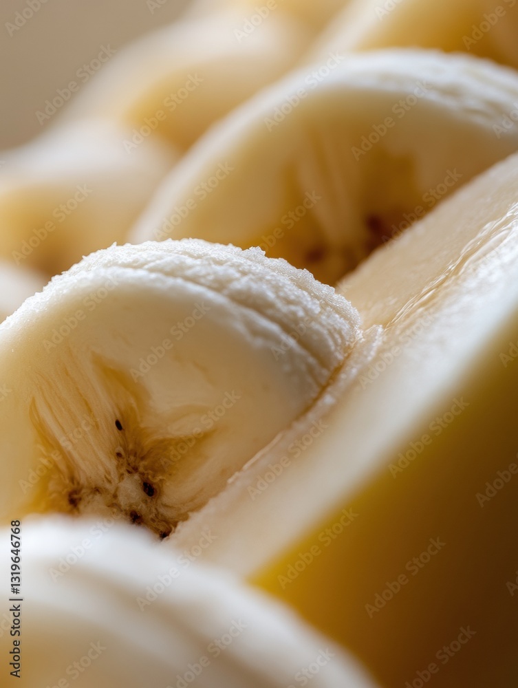 Poster sliced banana halves showcasing detailed texture against a softly blurred background