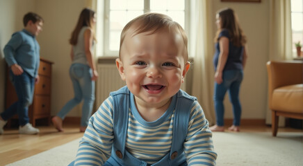 Fototapeta premium A happy baby boy sits on the floor while his siblings and mother are softly blurred in the background.