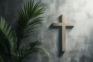 Serene Palm Sunday: Cross and Palm Branches on a Soft Grey Background. Perfect for religious celebrations, Easter cards, church bulletins, and        