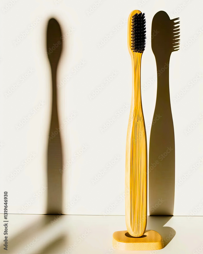 Poster Embodying Minimalism With a Bamboo Toothbrush Hovering in Soft Light and Casting Delicate Shadows