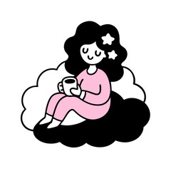 a young woman  is sipping hot cocoa, surrounded by small stars and hearts