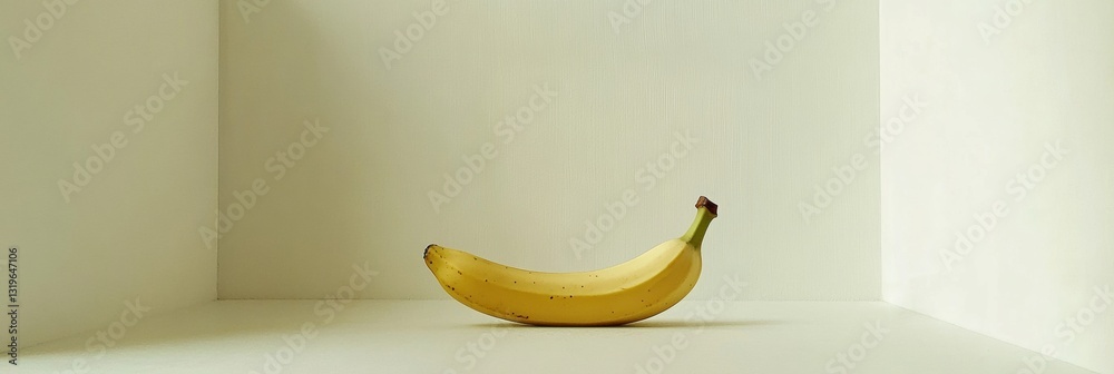 Poster single banana placed on a minimalistic surface with soft natural lighting and a clean pastel backdro