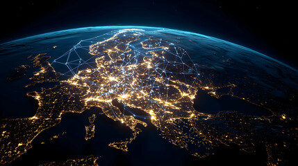 Obraz premium Glowing European Cities at Night View from Space Showing Global Connections and Infrastructure with Blue and Golden Illumination