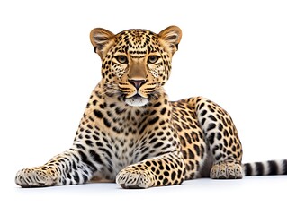 Obraz premium Majestic Leopard: A stunning leopard lies gracefully, its distinctive spotted coat and intense gaze captivating the viewer. 