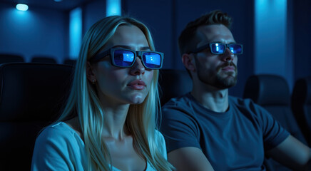 Young couple enjoying a movie together in a dark cinema, wearing 3D glasses.