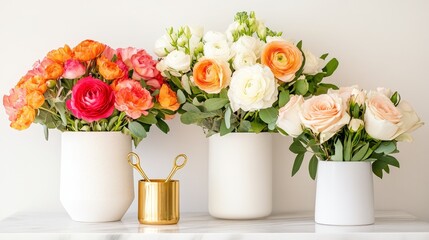 Obraz premium Vibrant floral arrangement featuring colorful ranunculus and roses in minimalist vases