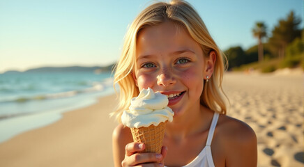 Happy girl enjoying ice cream on sunny beach.