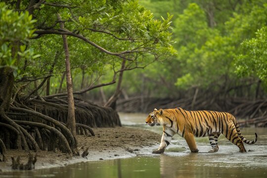 A Royal Bengal Tiger crossing a narrow rivar