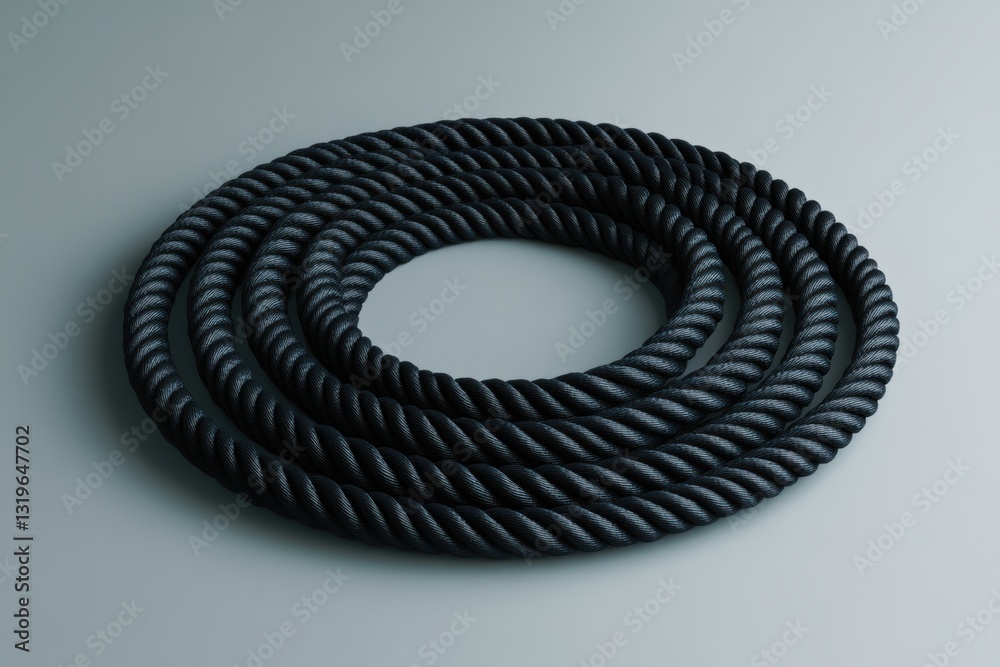 Poster Neatly coiled black jump rope against smooth grey background in minimalist design with ample negative space