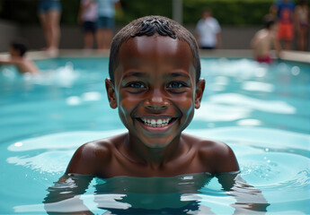 Portrait of a smiling young African American boy enjoying a swim in a pool on a sunny day.