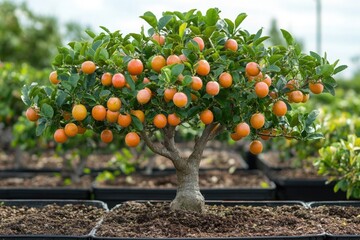 Small tree with vibrant orange fruit and green leaves growing in a pot A miniature citrus tree for decoration