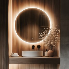 Smart LED mirror with a stylish, elegant lamp in a modern house